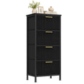 Black tall 4-drawer corduroy chest of drawers on steel legs, front angled view