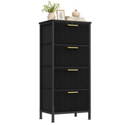 Black tall 4-drawer corduroy chest of drawers on steel legs, front angled view
