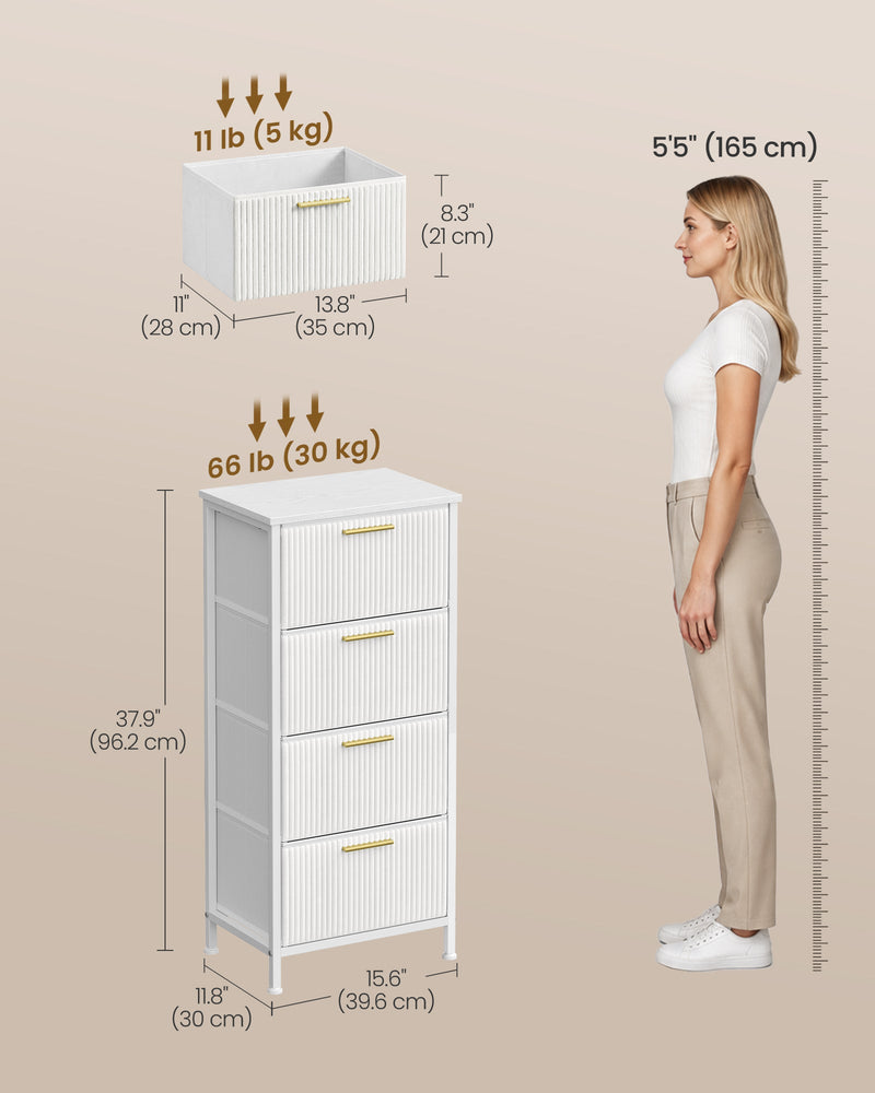 Dimensions diagram showing the white chest at 39.6 x 30 x 96.2 cm beside a 165 cm model, with drawer size and weight capacity