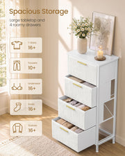 Open drawers on the white chest showing storage space for folded clothes