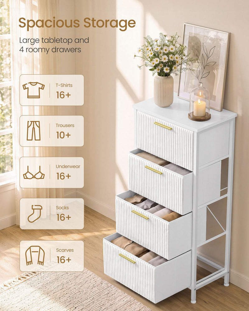 Open drawers on the white chest showing storage space for folded clothes