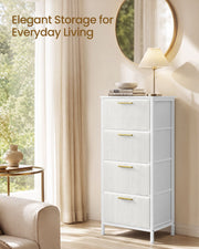 White corduroy chest styled in a bedroom beside a bed and soft furnishings