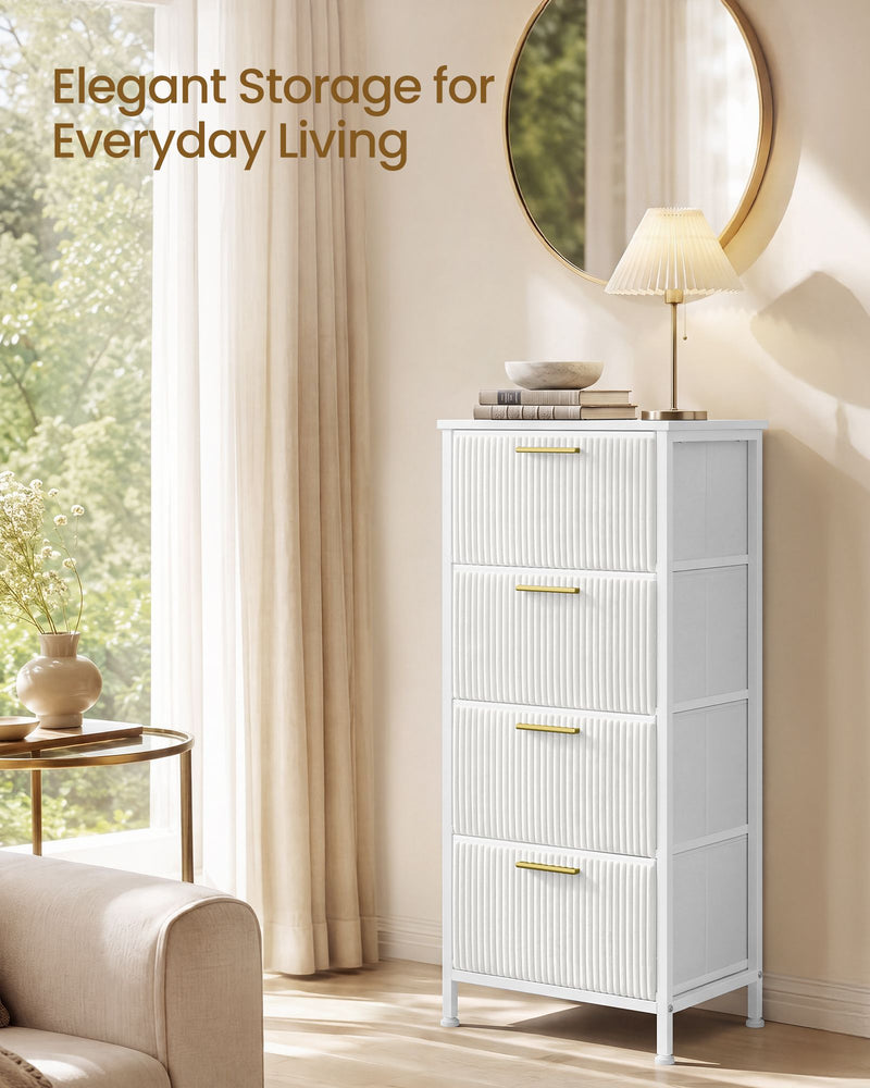 White corduroy chest styled in a bedroom beside a bed and soft furnishings