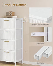 Close-up details of the anti-tip wall strap and square steel frame legs on the white chest