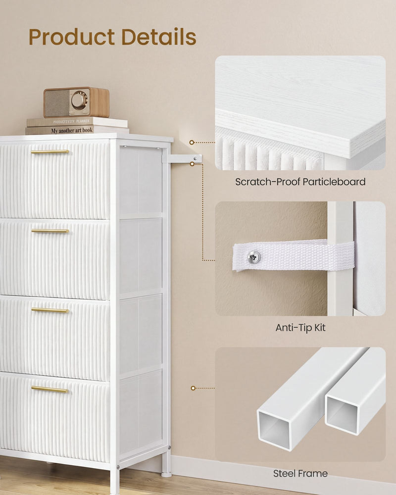 Close-up details of the anti-tip wall strap and square steel frame legs on the white chest