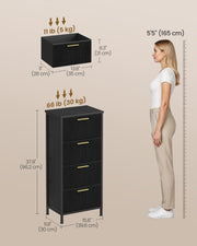 Dimensions diagram showing the black chest at 39.6 x 30 x 96.2 cm beside a 165 cm model, with drawer size and weight capacity