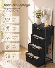 Open drawers on the black chest showing storage space for folded clothes