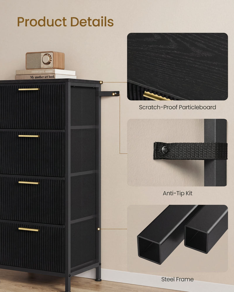Close-up details of the anti-tip wall strap and square steel frame legs on the black chest