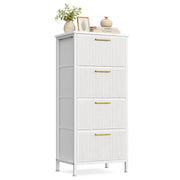 White tall 4-drawer corduroy chest of drawers on steel legs, front angled view