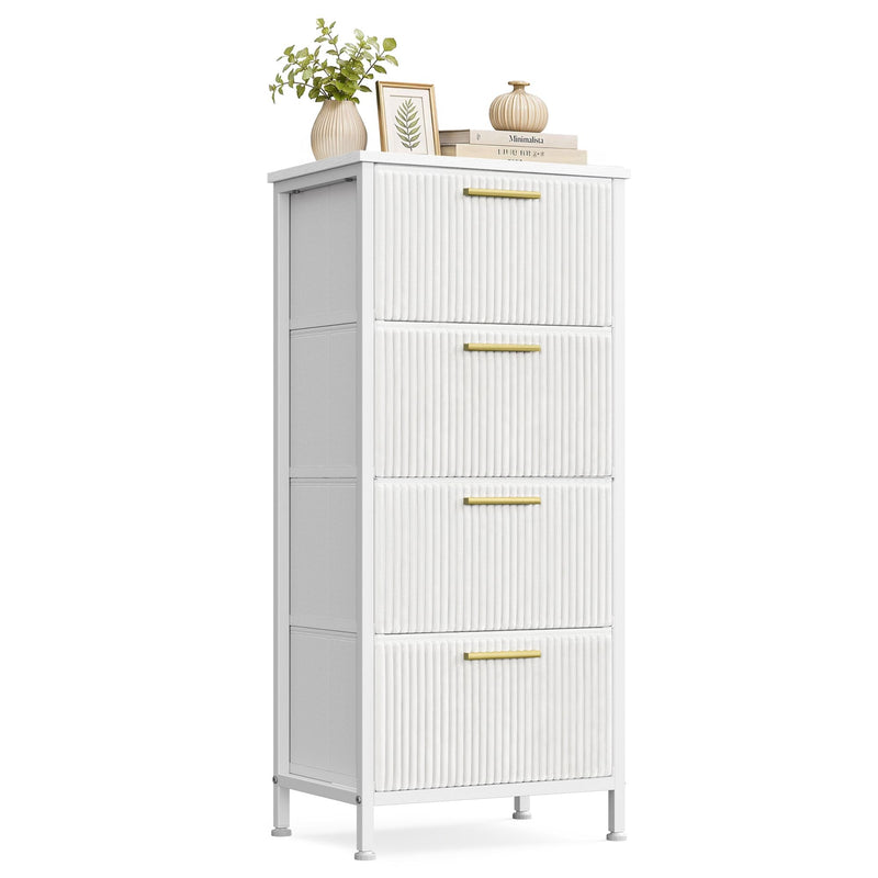 White tall 4-drawer corduroy chest of drawers on steel legs, front angled view