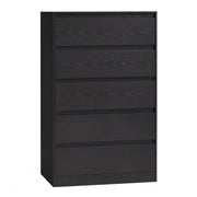 Black wood grain tall 5 drawer chest of drawers with handle-free fronts on a white background