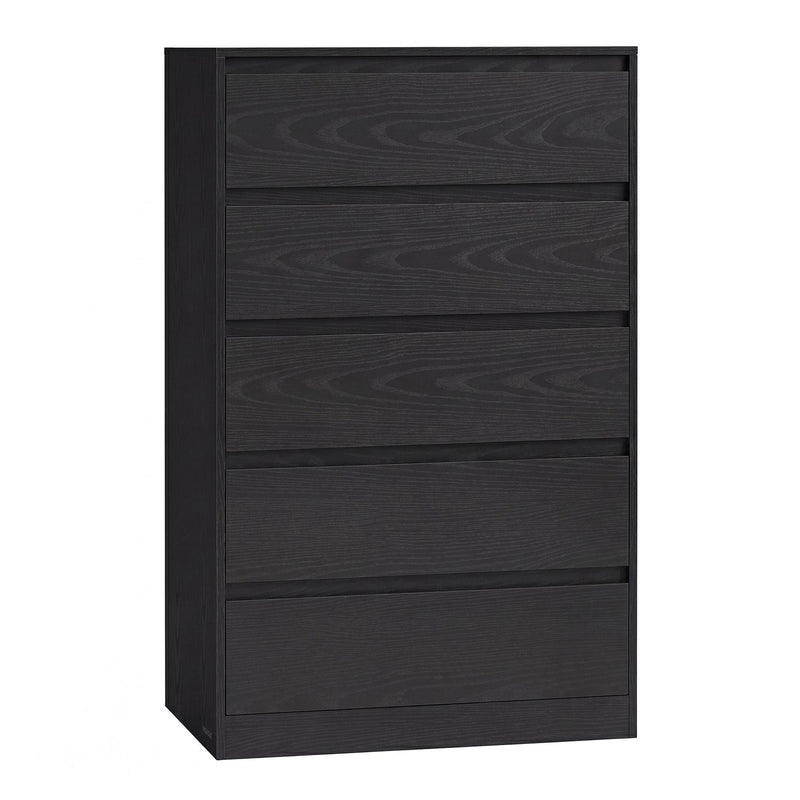 Black wood grain tall 5 drawer chest of drawers with handle-free fronts on a white background