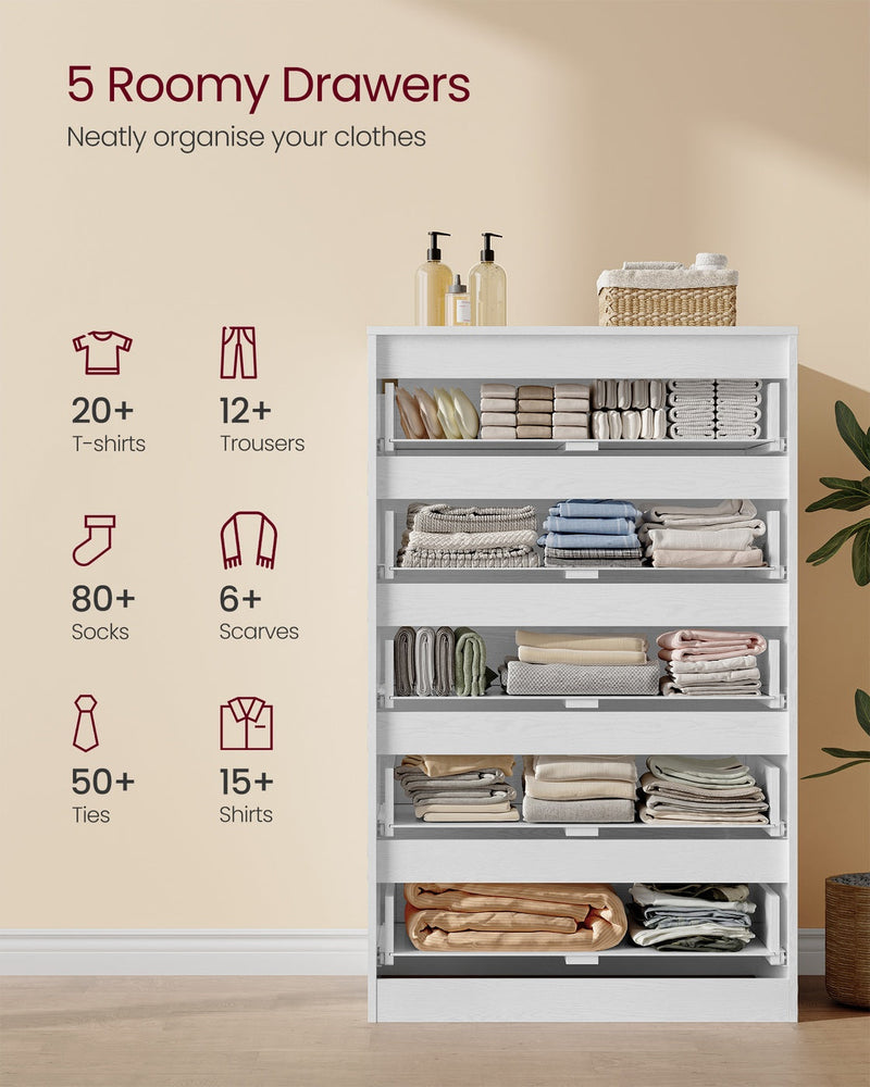 White chest with 5 drawers of folded clothes and storage counts for T-shirts and trousers