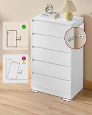 White chest with a back anti-tip bracket, front foot plates and a tipping hazard diagram