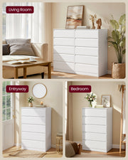 White chests of drawers styled in a living room, an entryway and a bedroom