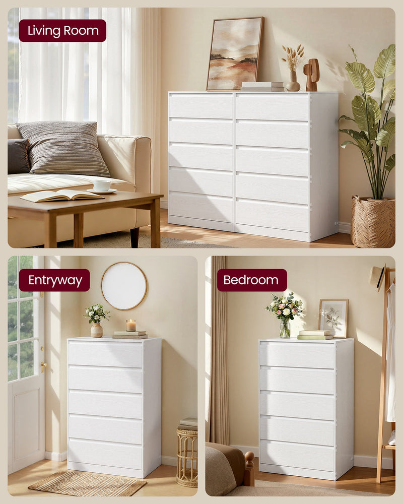 White chests of drawers styled in a living room, an entryway and a bedroom