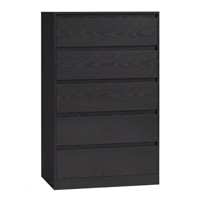 Black wood grain tall 5 drawer chest of drawers with handle-free fronts on a white background