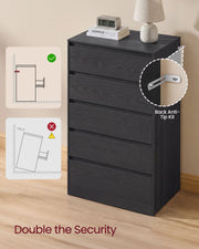 Black chest with a back anti-tip kit bracket and a tipping hazard diagram