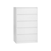 White wood grain tall 5 drawer chest of drawers on a white background