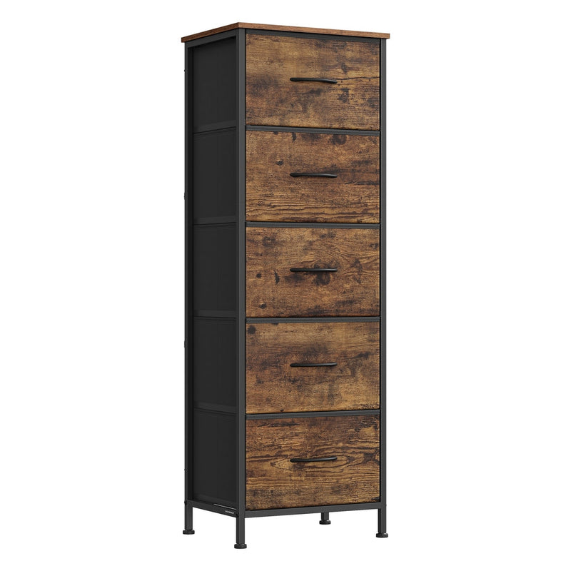 Tall 5-drawer fabric chest of drawers in rustic brown and black, angled studio view
