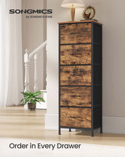 5-drawer fabric chest styled in a hallway with a table lamp and clock on top
