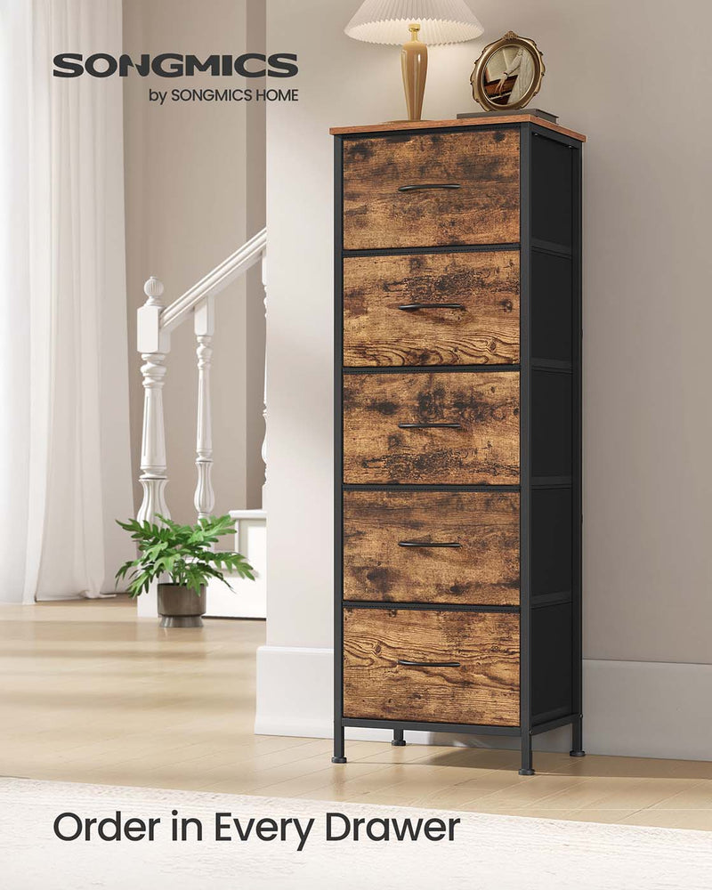 5-drawer fabric chest styled in a hallway with a table lamp and clock on top