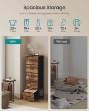 Chest of drawers beside an armchair compared with clothes piled on the floor