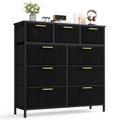 Black 9-drawer corduroy chest of drawers with gold handles on a white background