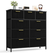 Black 9-drawer corduroy chest of drawers with gold handles on a white background