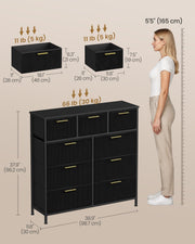 Black 9-drawer chest dimensions diagram showing 98.7 x 30 x 96.2 cm and drawer sizes