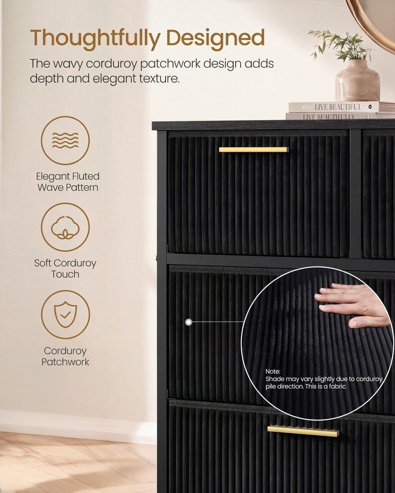 Close-up of fluted black corduroy drawer fronts with a gold handle and a hand on the fabric