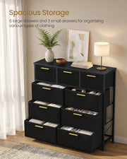 Black 9-drawer chest with drawers open showing folded clothes and accessories