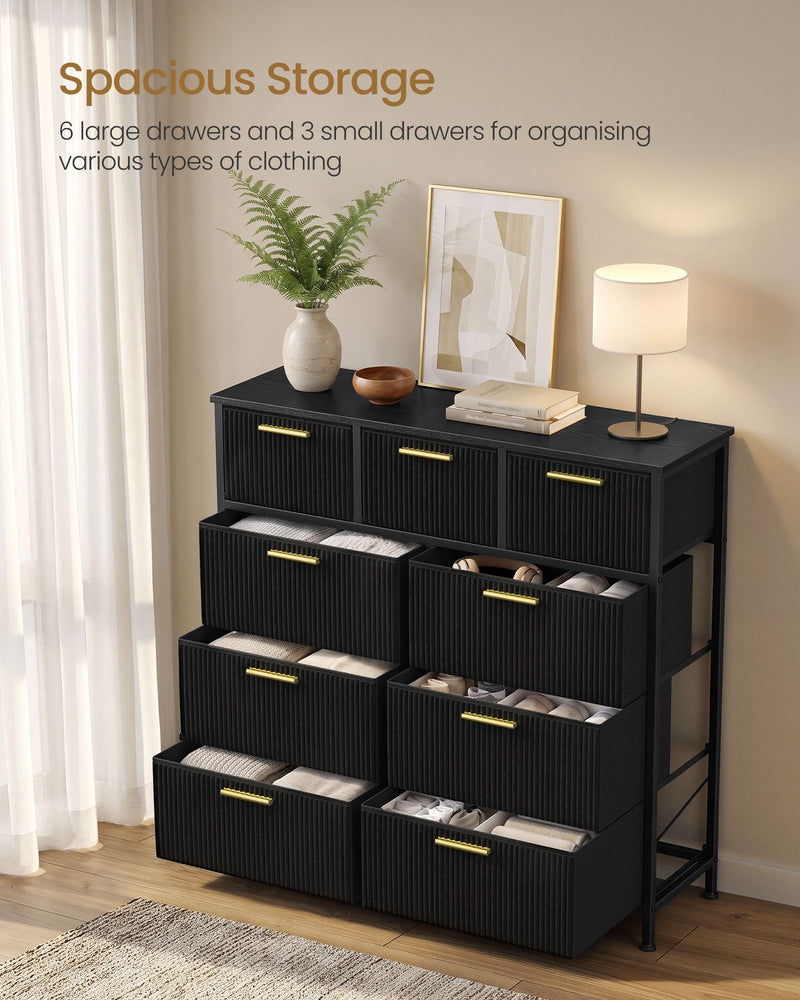 Black 9-drawer chest with drawers open showing folded clothes and accessories