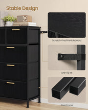 Black 9-drawer chest side view showing the particleboard top, anti-tip strap and steel frame