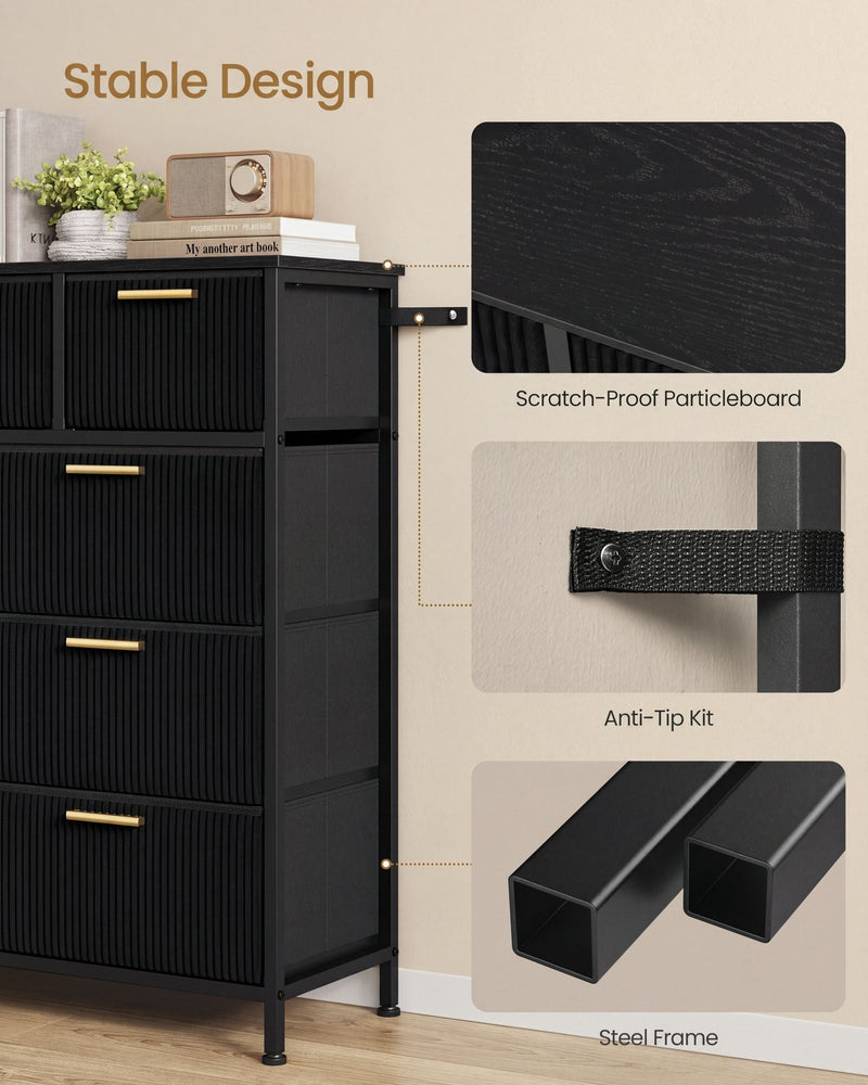 Black 9-drawer chest side view showing the particleboard top, anti-tip strap and steel frame