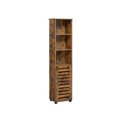 Vasagle tall rustic brown bathroom cabinet with 3 open compartments and a louvred cupboard door, studio shot