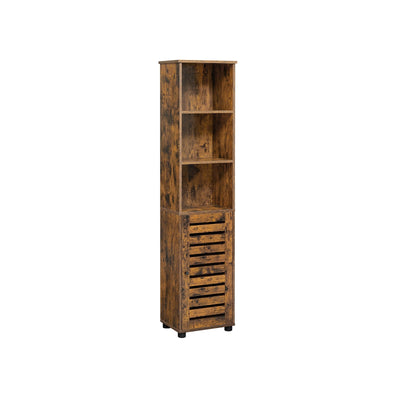 Vasagle tall rustic brown bathroom cabinet with 3 open compartments and a louvred cupboard door, studio shot