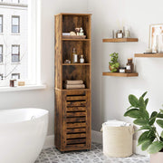 Rustic brown Vasagle floor cabinet styled in a bathroom corner next to a bathtub