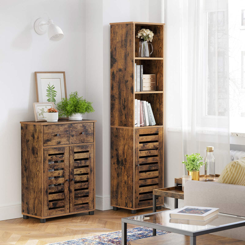 Rustic brown Vasagle tall cabinet styled in a living room beside a matching sideboard