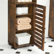 Louvred cupboard door open showing 2 adjustable shelves storing towels, toilet roll and a tub