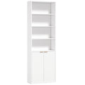 White bookcase with four open shelves above a fluted double door cabinet on a white background