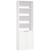White bookcase with four open shelves above a fluted double door cabinet on a white background