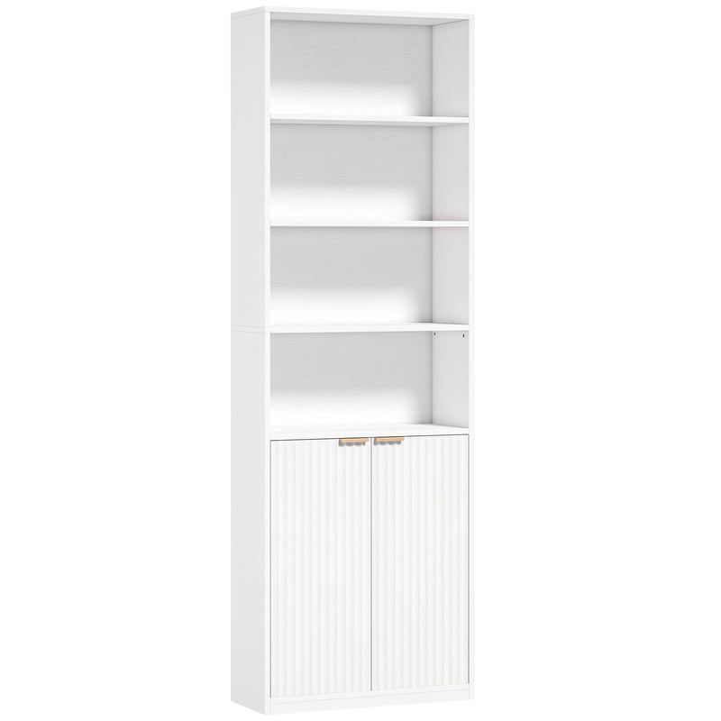 White bookcase with four open shelves above a fluted double door cabinet on a white background