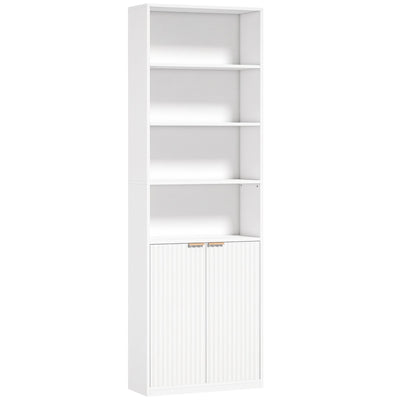 White bookcase with four open shelves above a fluted double door cabinet on a white background