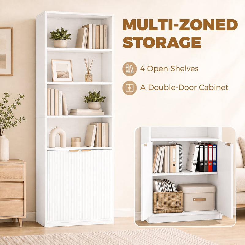 Storage panel showing the four open shelves and an inset view of the double door cabinet
