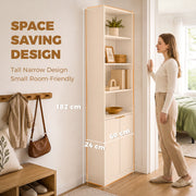 Space saving panel showing the 182 cm bookcase beside a woman standing in a bedroom doorway