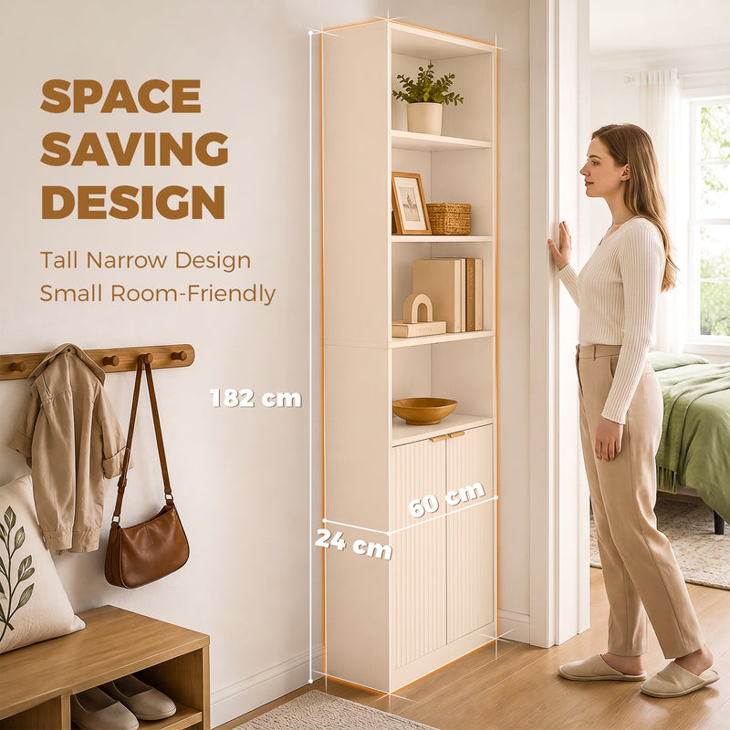 Space saving panel showing the 182 cm bookcase beside a woman standing in a bedroom doorway