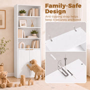 Anti-tipping strap and wall bracket close-ups with a puppy playing beside the bookcase