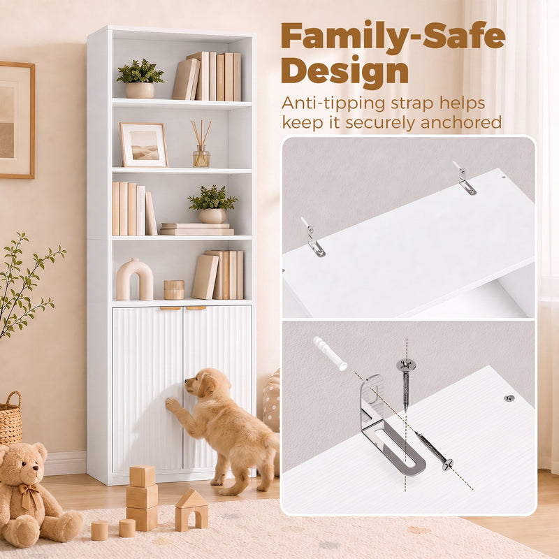 Anti-tipping strap and wall bracket close-ups with a puppy playing beside the bookcase