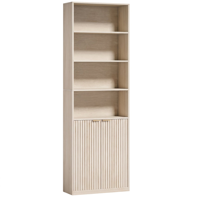 Homcom tall bookcase in Oak with fluted double-door cabinet, studio view